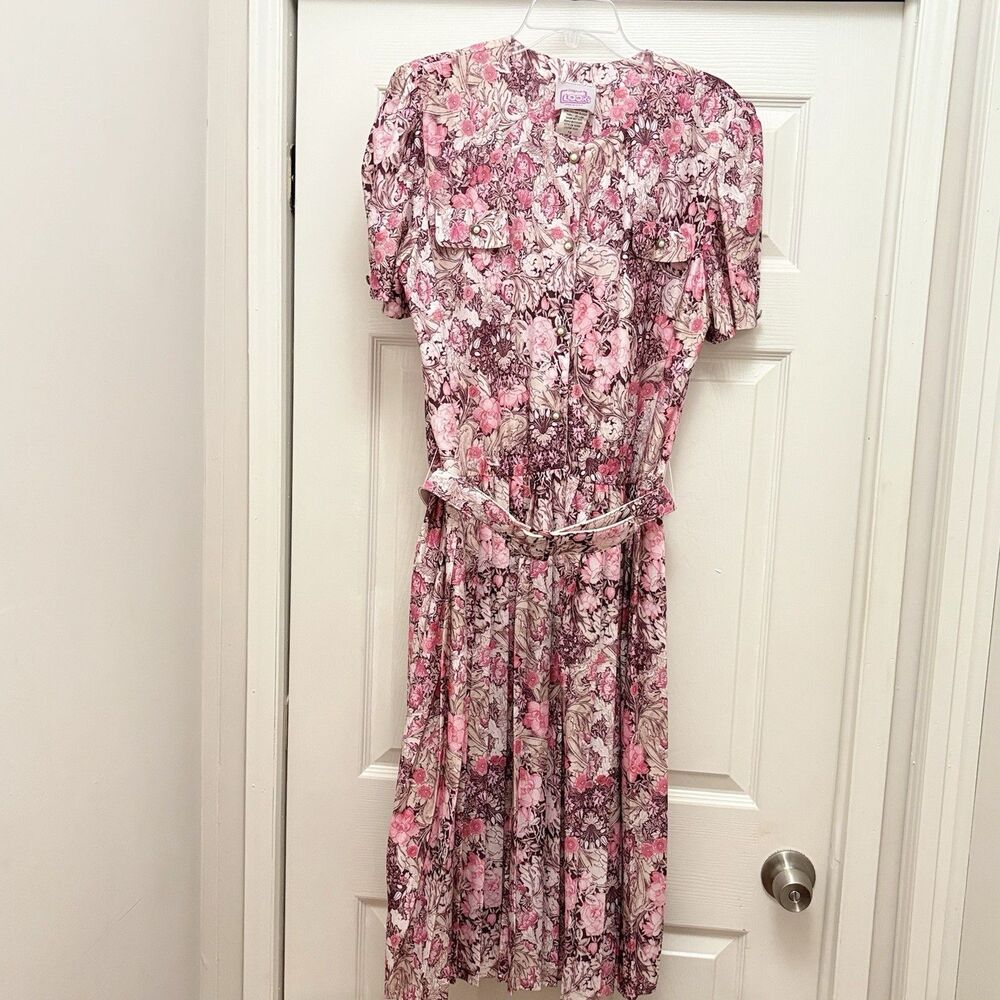 Vintage California Looks Floral Dress Made in USA Pink Pearl Buttons Belt 16